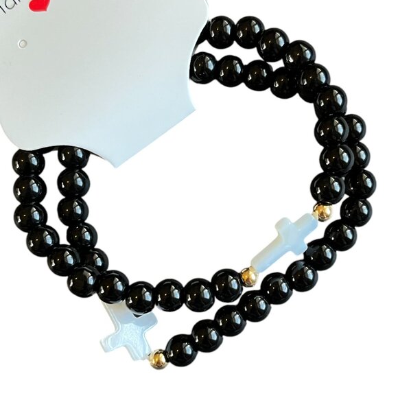 Charmze Stackable Stretch Faith Cross Black Glass Beaded Bracelet Set NEW - Picture 2 of 2